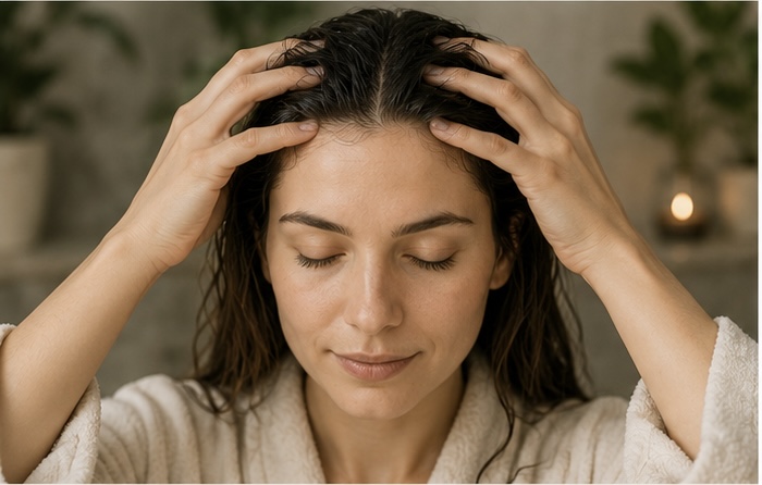 Gently massaging PeloGrow into the scalp