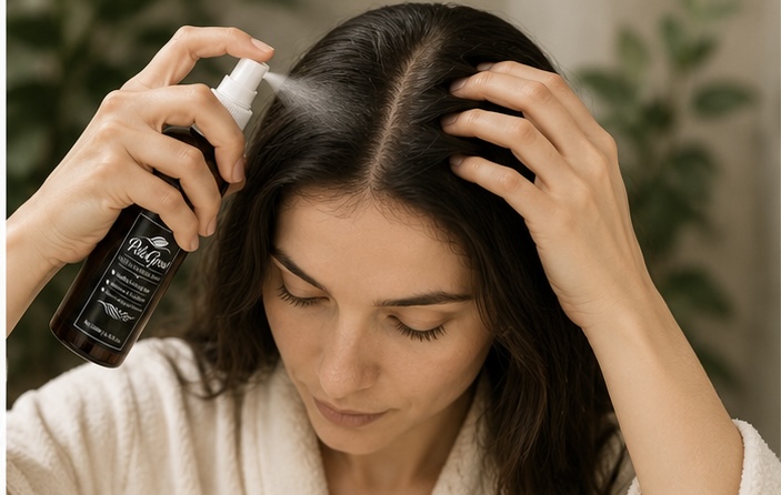 Spraying PeloGrow evenly onto the scalp and hair