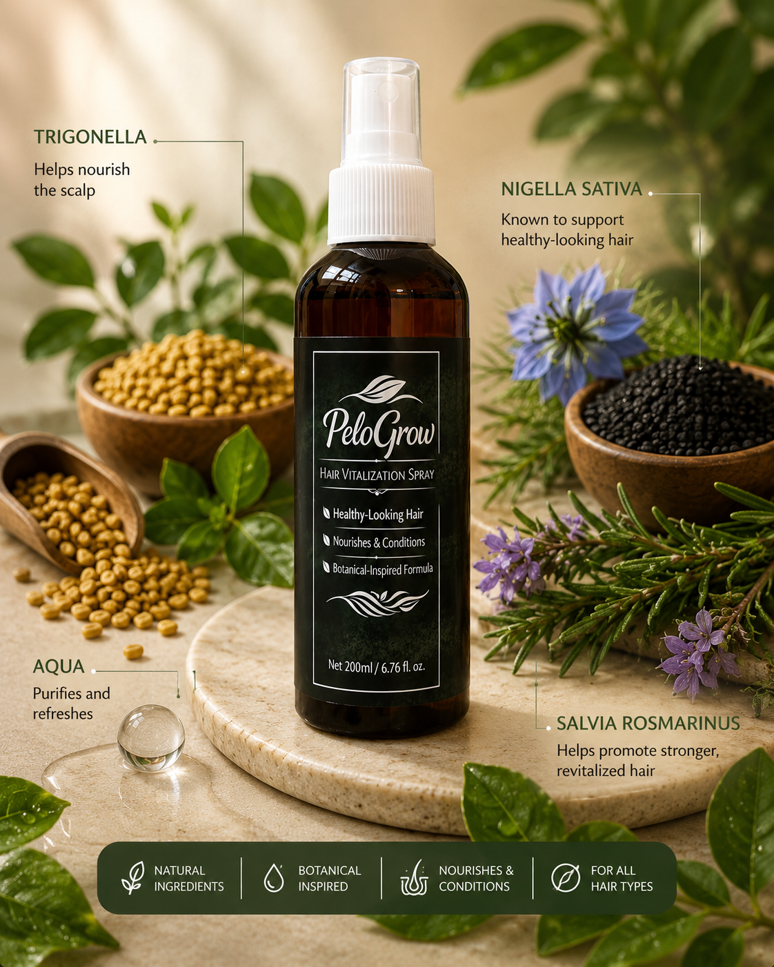 PeloGrow Hair Vitalization Spray surrounded by natural botanical ingredients
