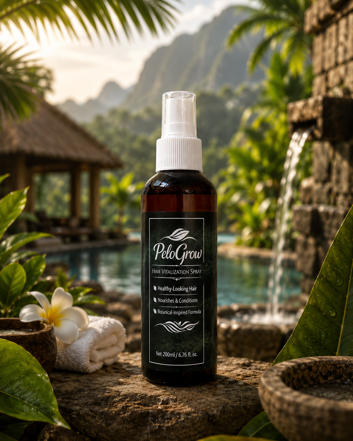 PeloGrow bottle in a botanical setting